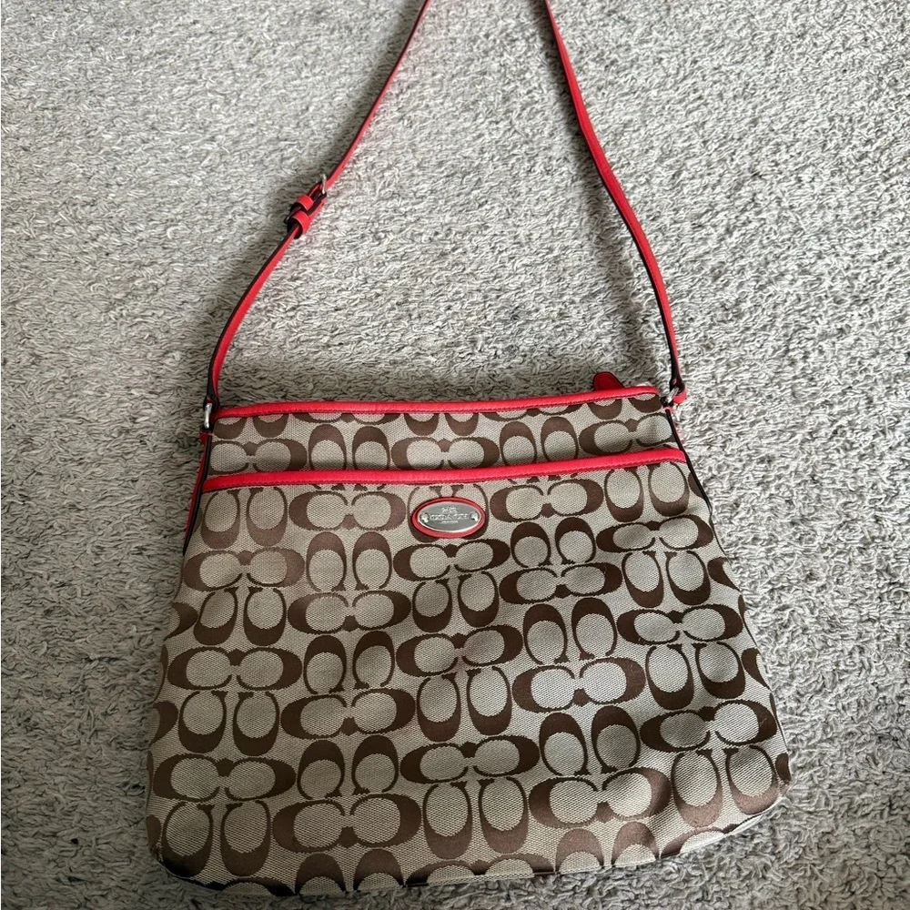 Coach Tan and Red Signature Shoulder Bag